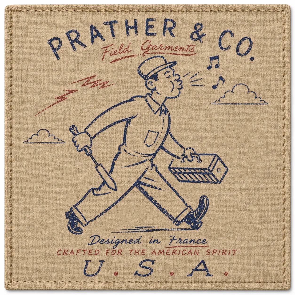 Prather & Co. Field Garments canvas label — Designed in France, crafted for the American spirit