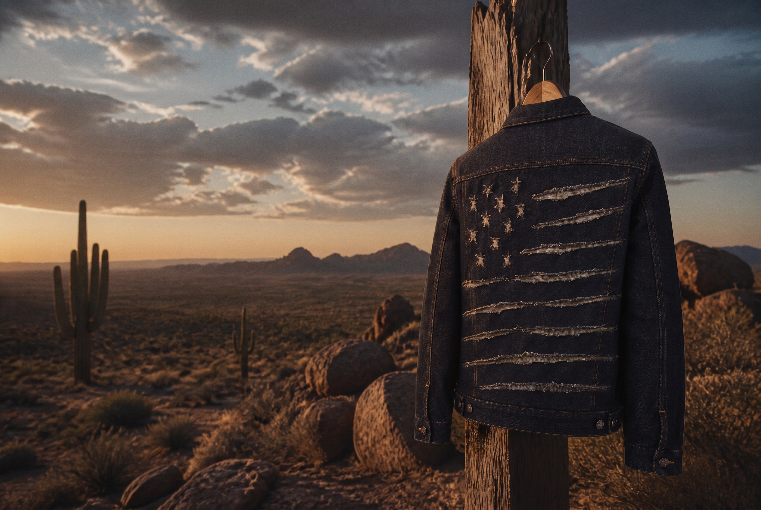 A dark navy denim jacket hanging on a weathered post in the American desert at sunset